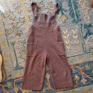 Girls Knit Brown Overalls with Blue Embroidery